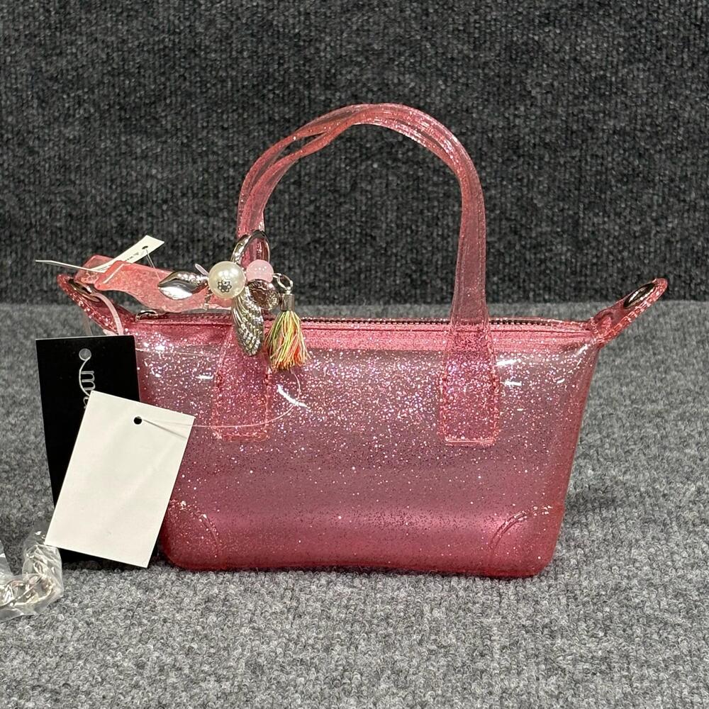 Madden Girl Tote Bag Womens Mini Pink Glitter Jelly Chain Strap Shell Charm